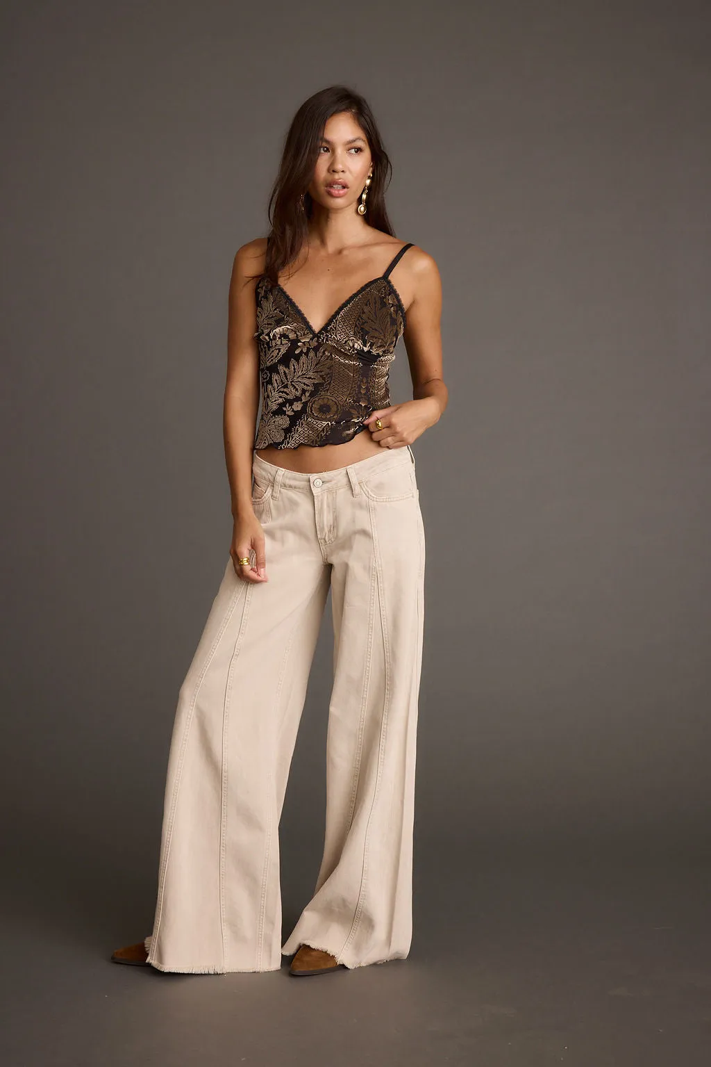 Sierra Beige Low Rise Wide Leg Jean Road Trip Bold Look Smart Casual