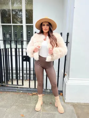 Light Beige Premium Faux Fur Jacket Contrast Stitch Hooded Comfort Fit