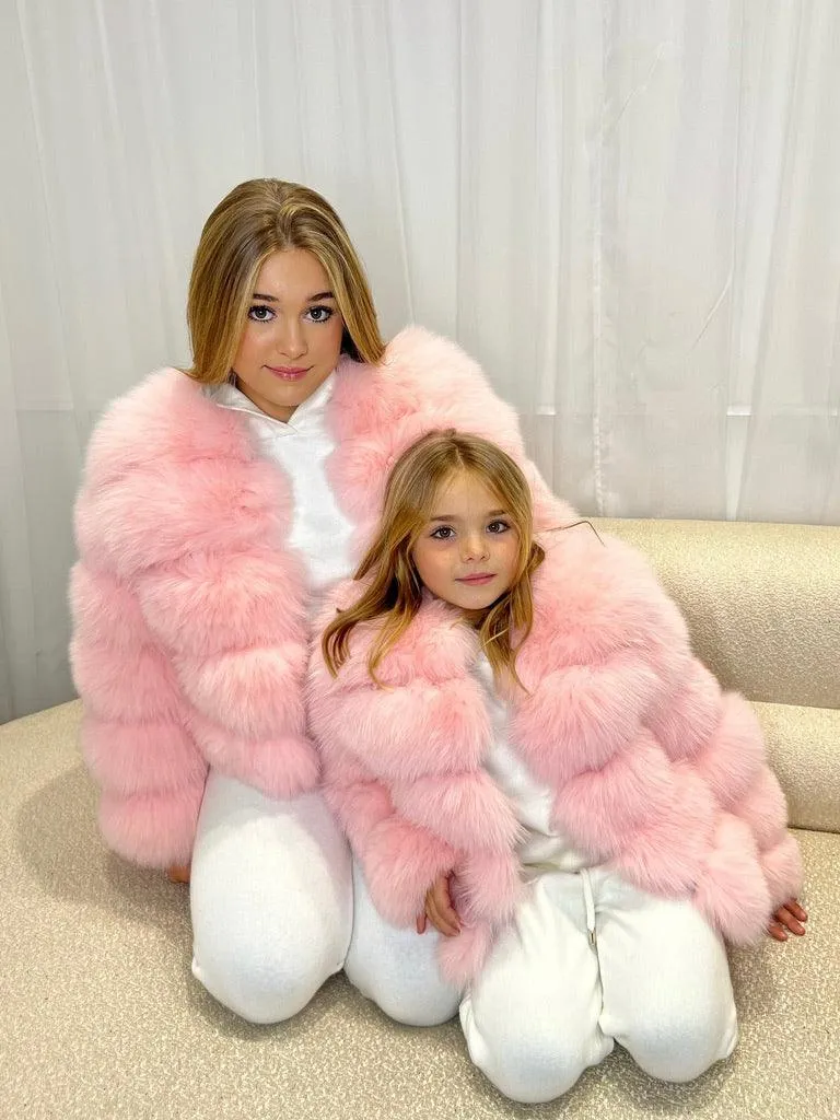 Adjustable drawstring Childrens Baby Pink Luxury Fur Coat