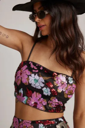 Dynamo Floral Sequin Crop Top RelaxedNeckline RollUpSleeves