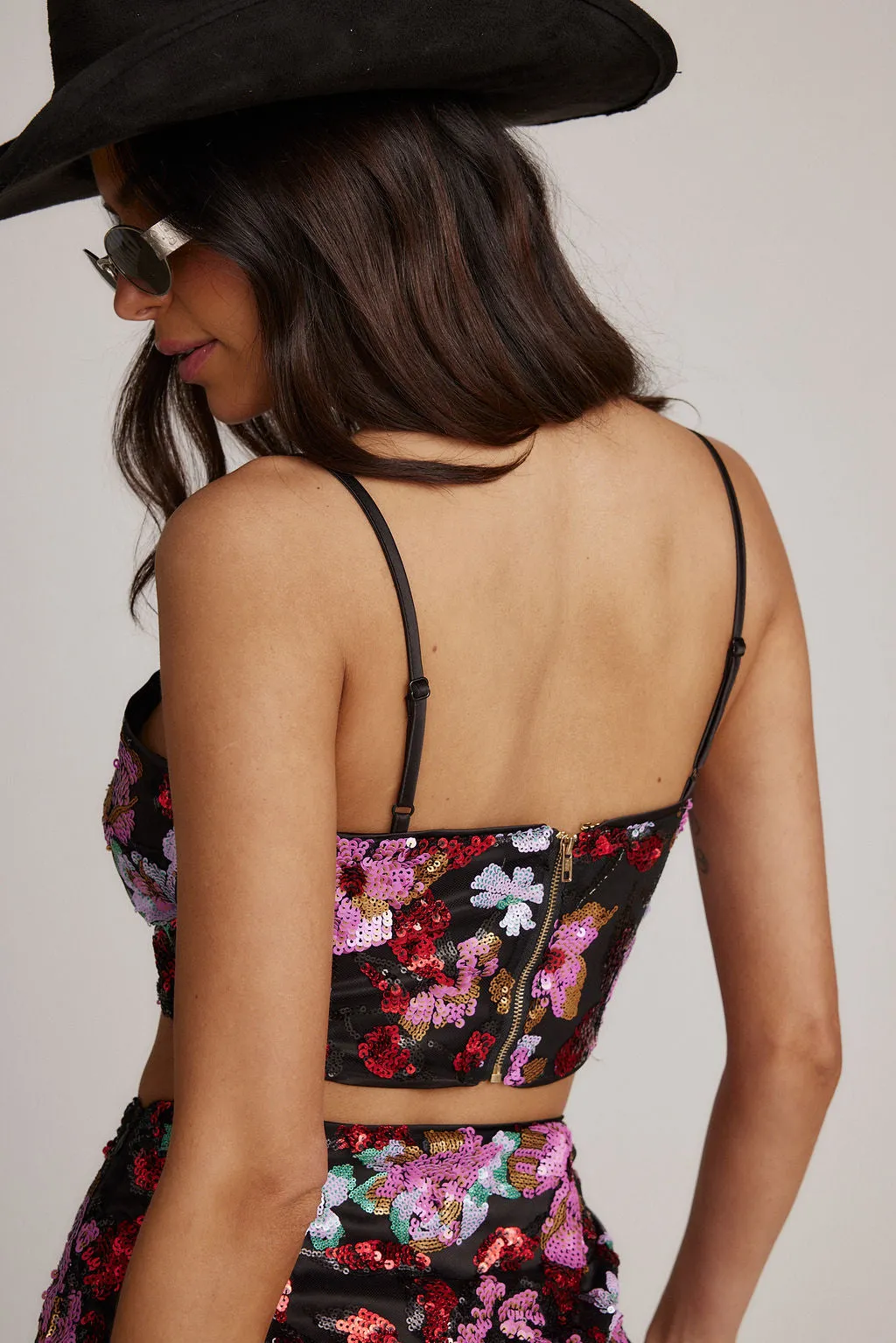 Dynamo Floral Sequin Crop Top Reinforced Hems FrayResistant Fabric