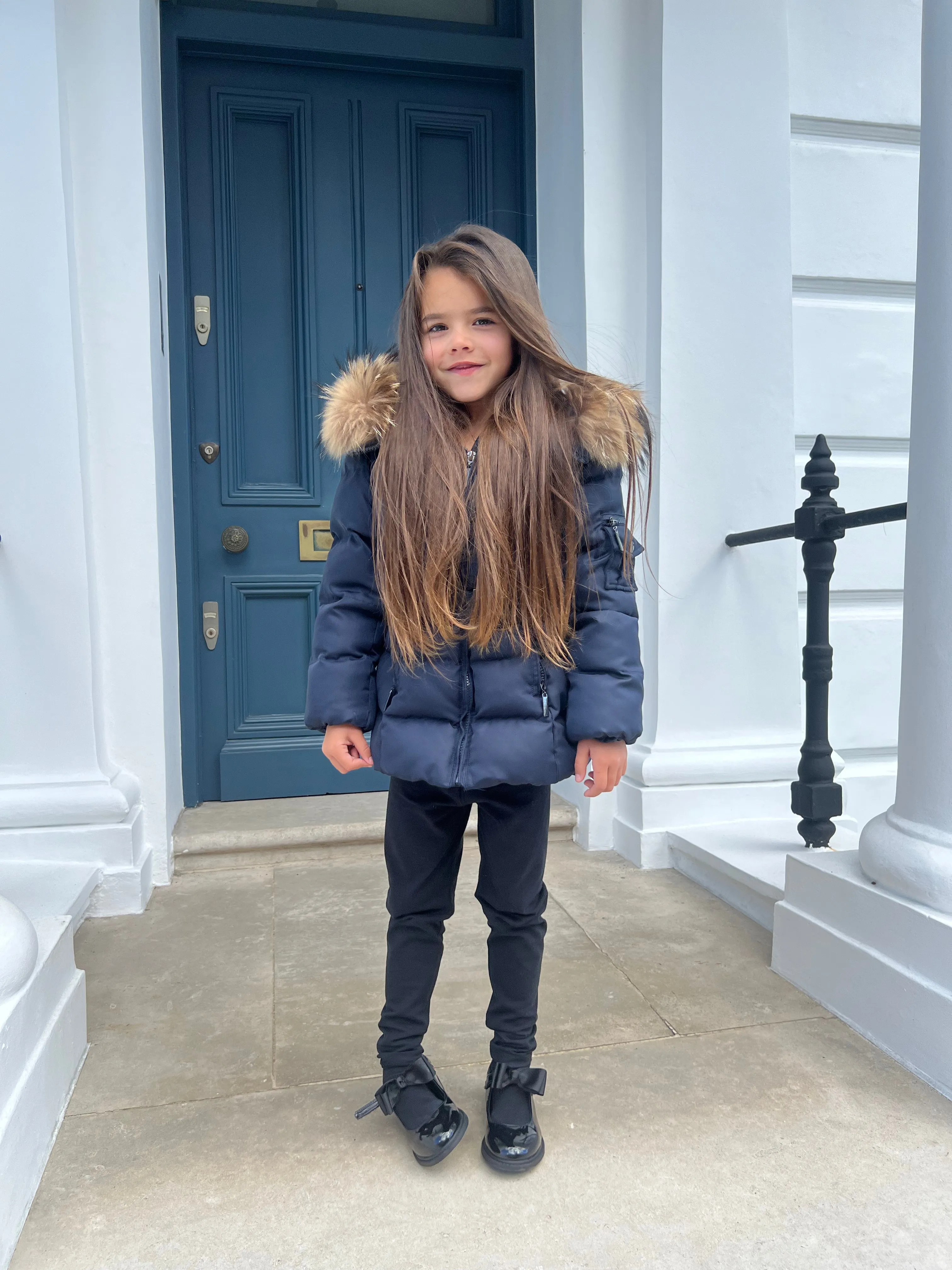 Flatlock stitching Childrens Navy Luxury Fur Padded Belted Coat
