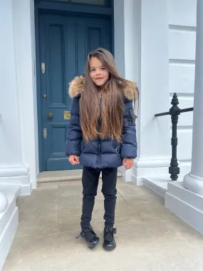 Wrinkle Free Material Childrens Navy Luxury Fur Padded Belted Coat