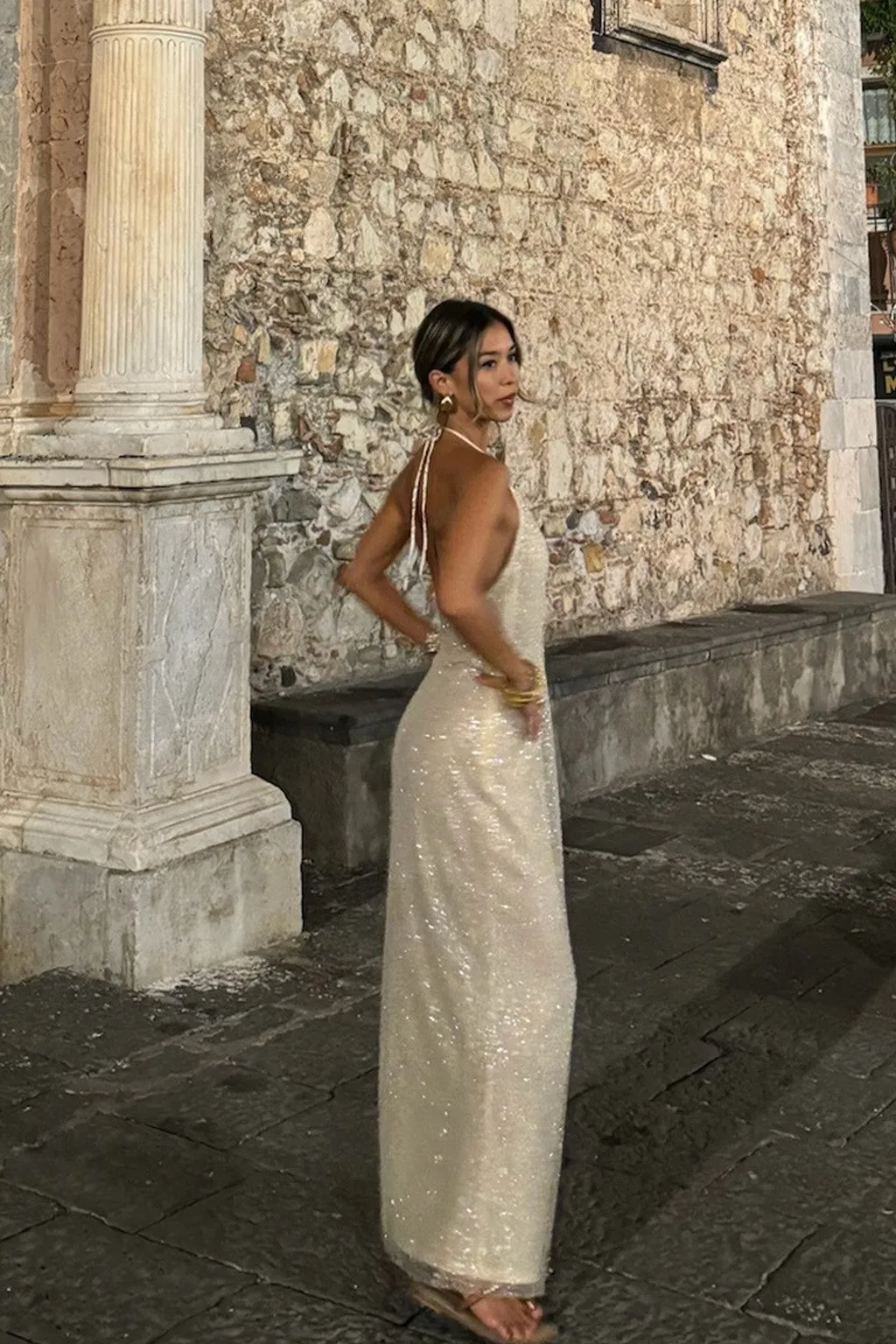 Serafino Gold Embellished Maxi Dress Sophisticated Comfort Fluid Shape
