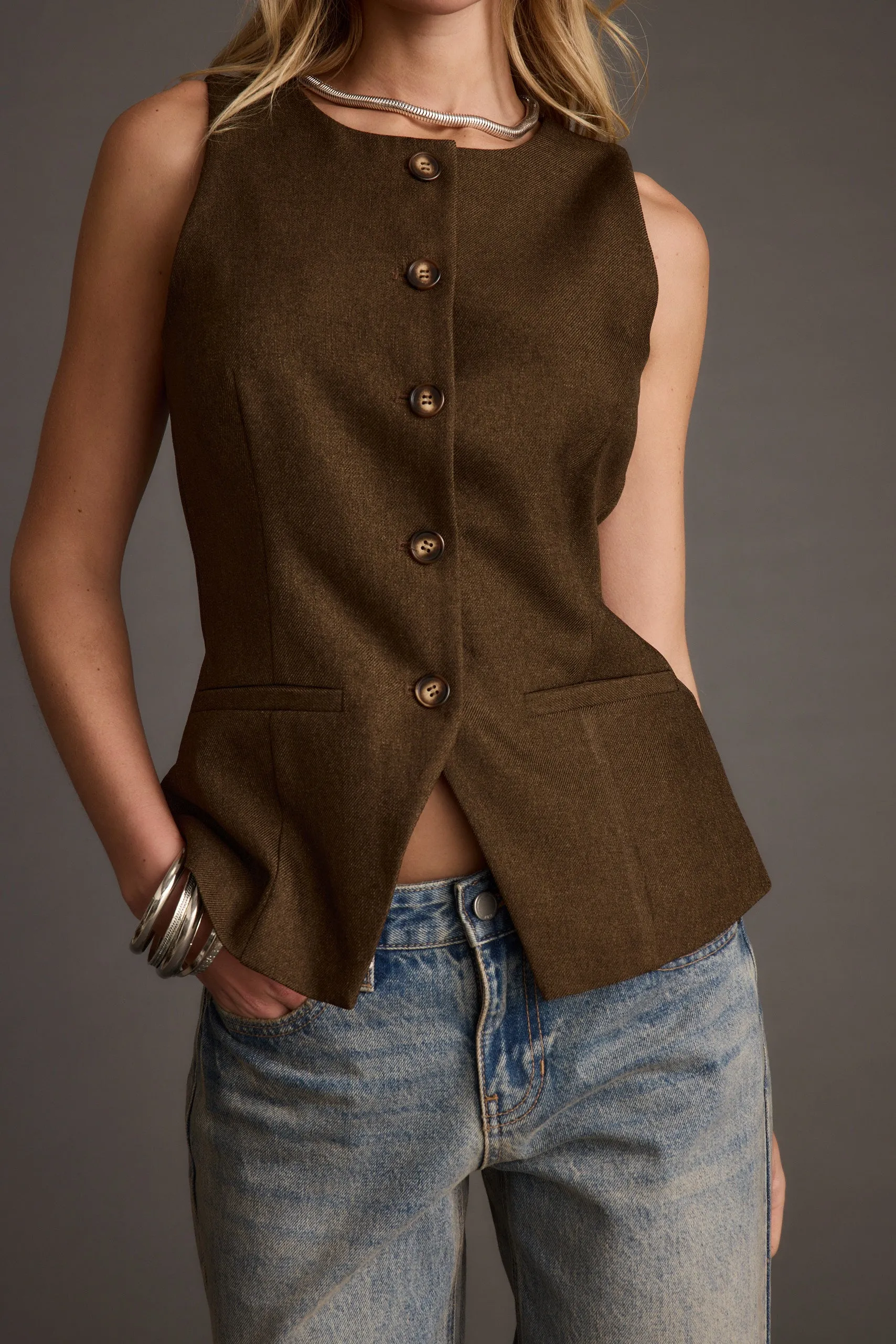Ventilated Panel Design Tory Mocha Twill Button Front Sleeveless Top
