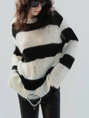 Distressed Detail Striped Sweater Warm design