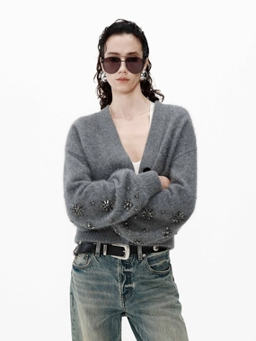 Crystal Detail V-neck Cardigan Relaxed Crew Neck