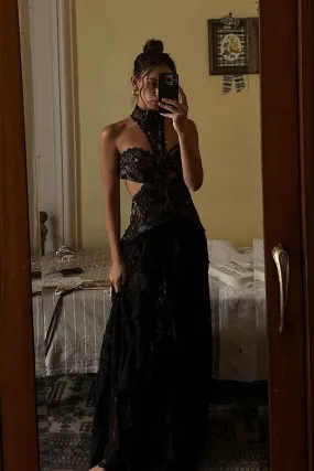Princesa Black Lace Drop Waist Maxi Dress Drawstring-Closure