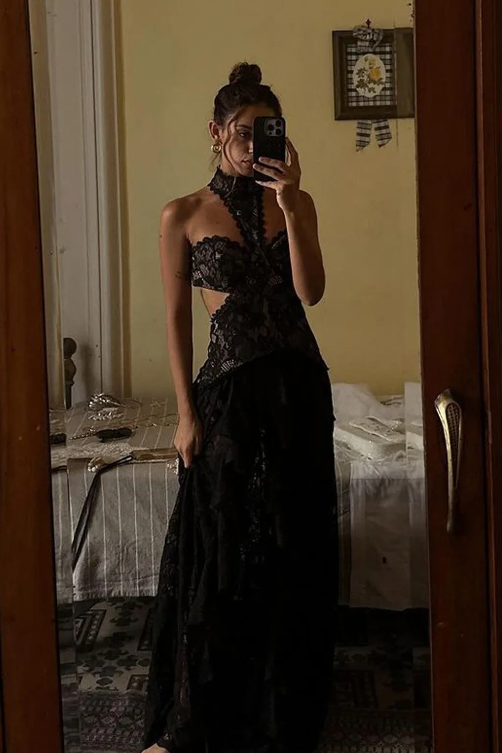 Princesa Black Lace Drop Waist Maxi Dress Drawstring-Closure