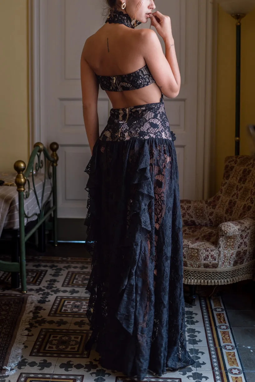 Pure Fabric Princesa Black Lace Drop Waist Maxi Dress