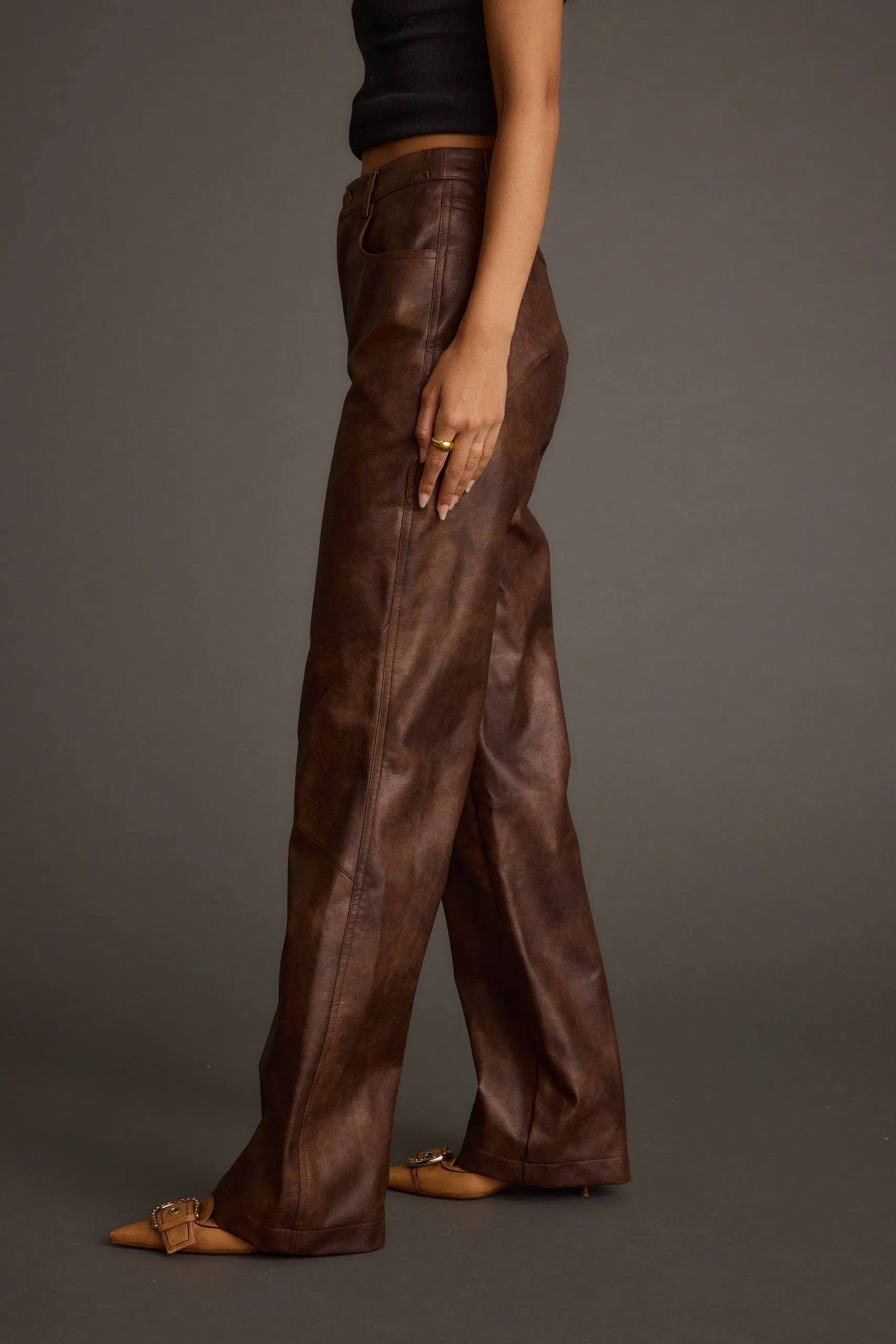 AllDayComfort Comfy Active Kingsley Washed Brown Vegan Leather Straight Leg Pants