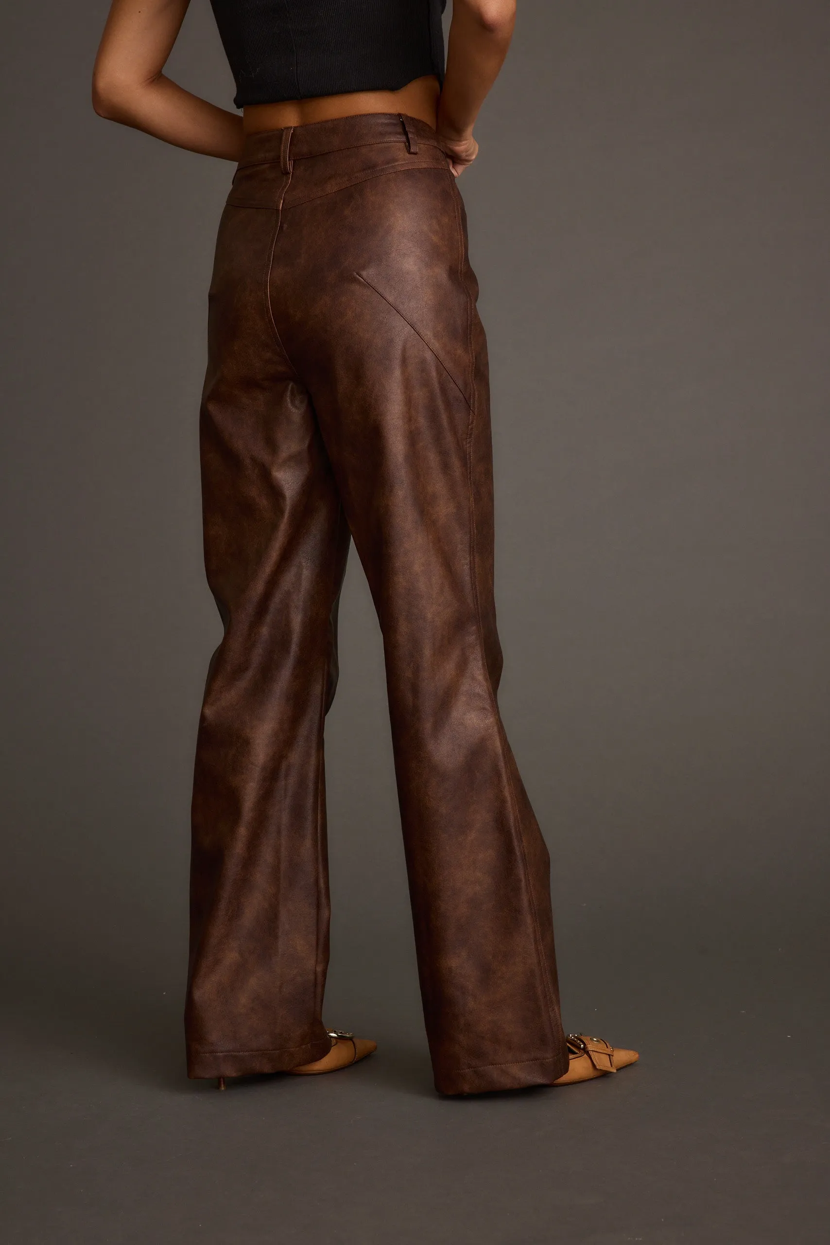 Go Anywhere Kingsley Washed Brown Vegan Leather Straight Leg Pants