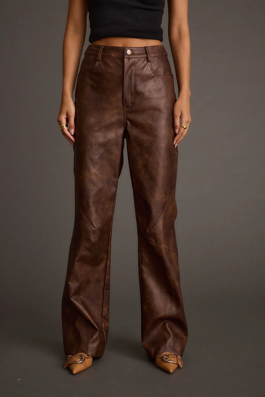 Flex Fit Anti Static Lining Kingsley Washed Brown Vegan Leather Straight Leg Pants