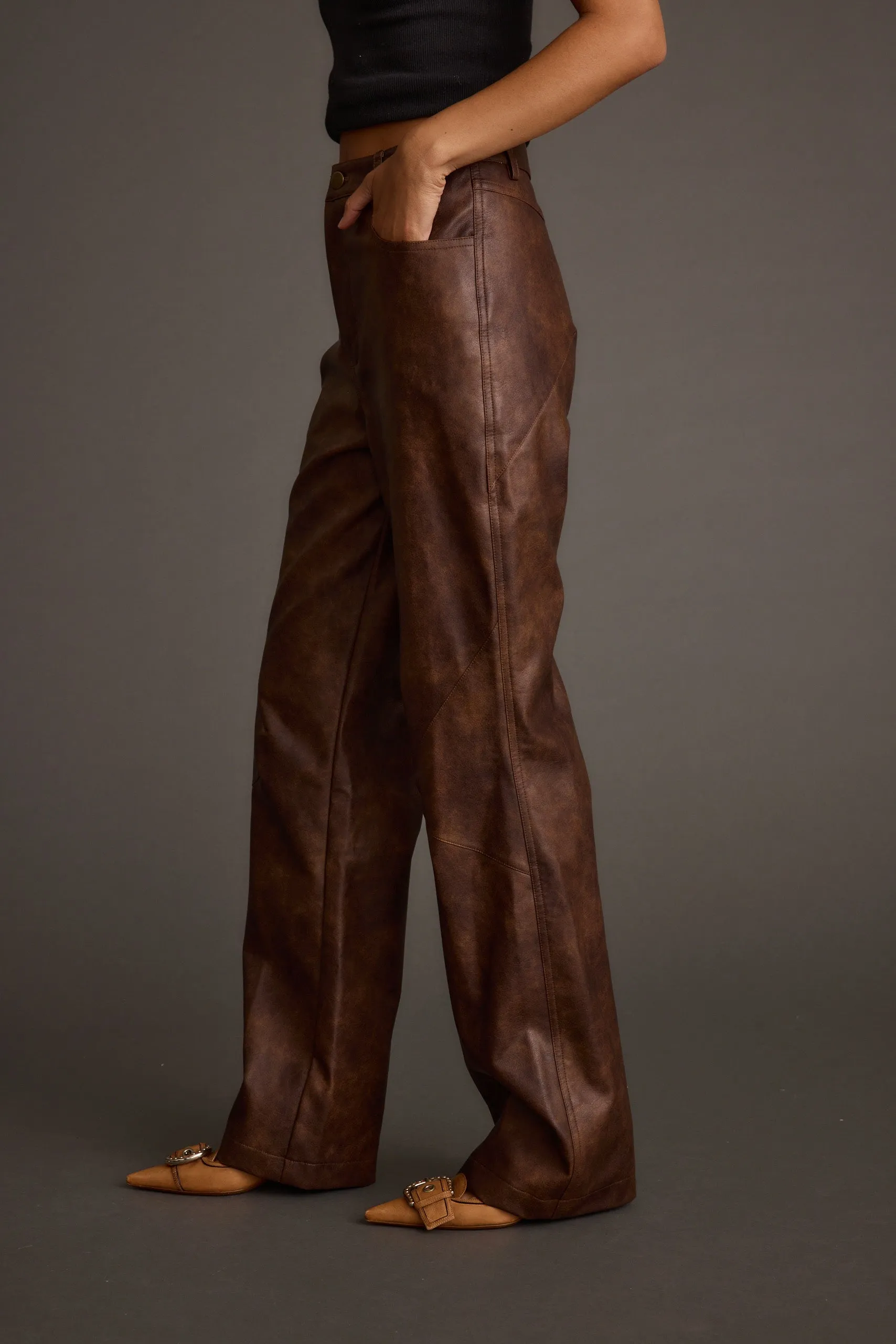 Street Style Kingsley Washed Brown Vegan Leather Straight Leg Pants