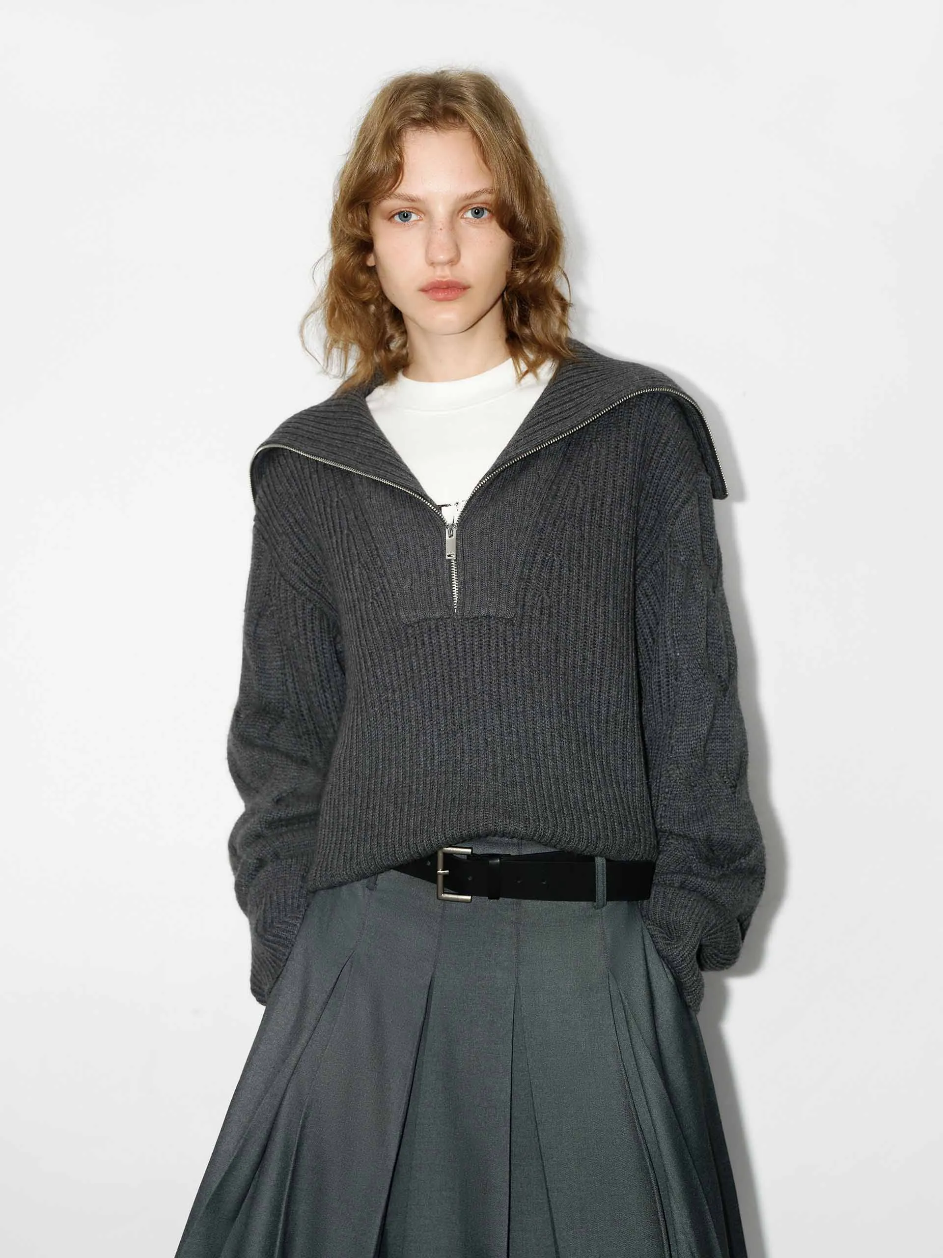 Cold-Weather Apparel Casual Warmth Navy Collar Ribbed Knit Top