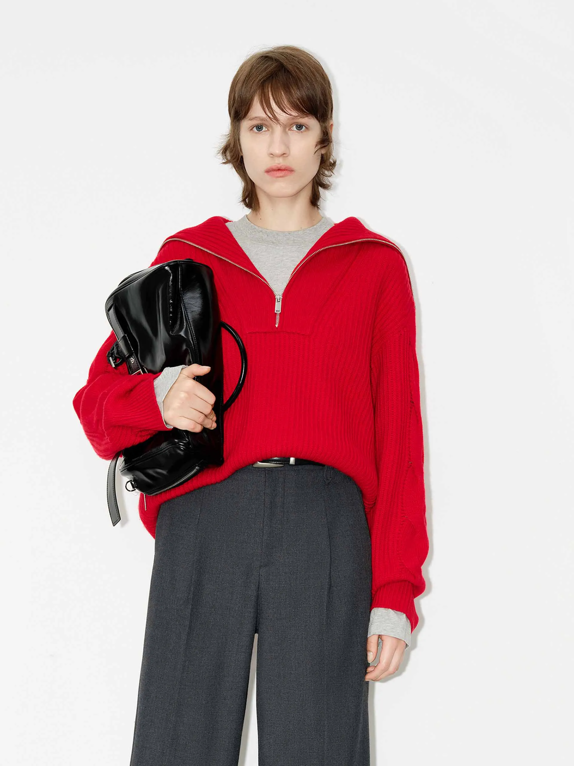 Urban Layer Navy Collar Ribbed Knit Top