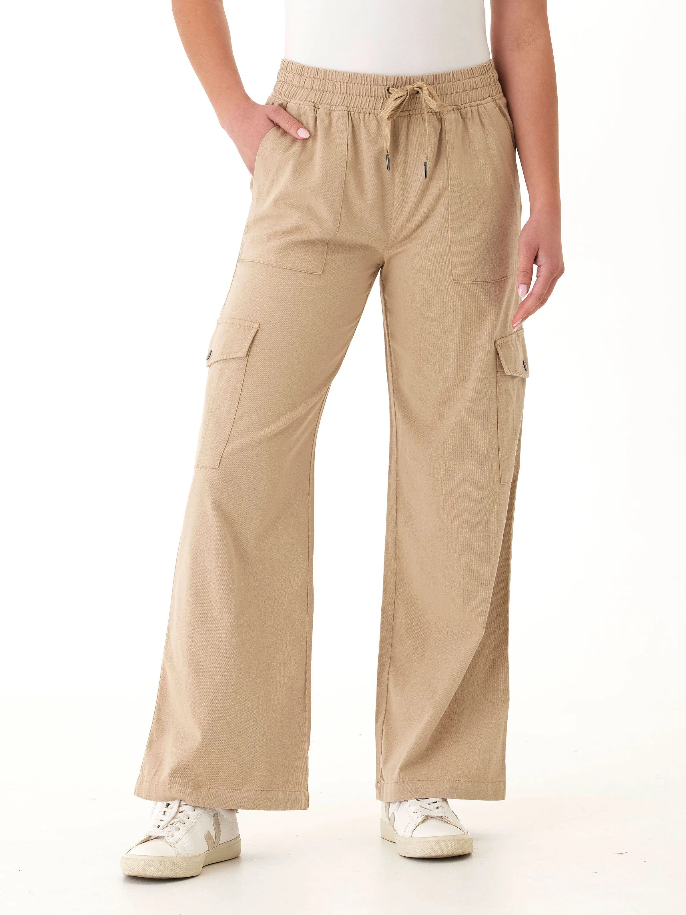 Eila Stretch Twill Wide Leg Cargo Pant Solid shade Adjustable Drawcord