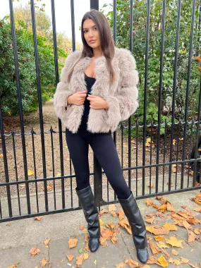 LaserCut Vents Beige Vertical Design Faux Fur Coat