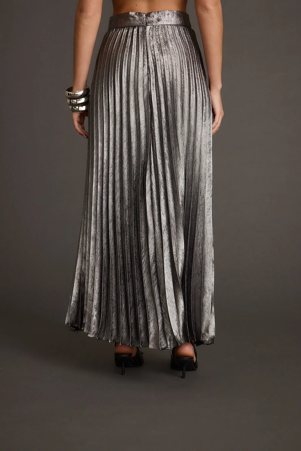 Electric Love Gunmetal Metallic Pleated Maxi Skirt Multi Purpose Fabric