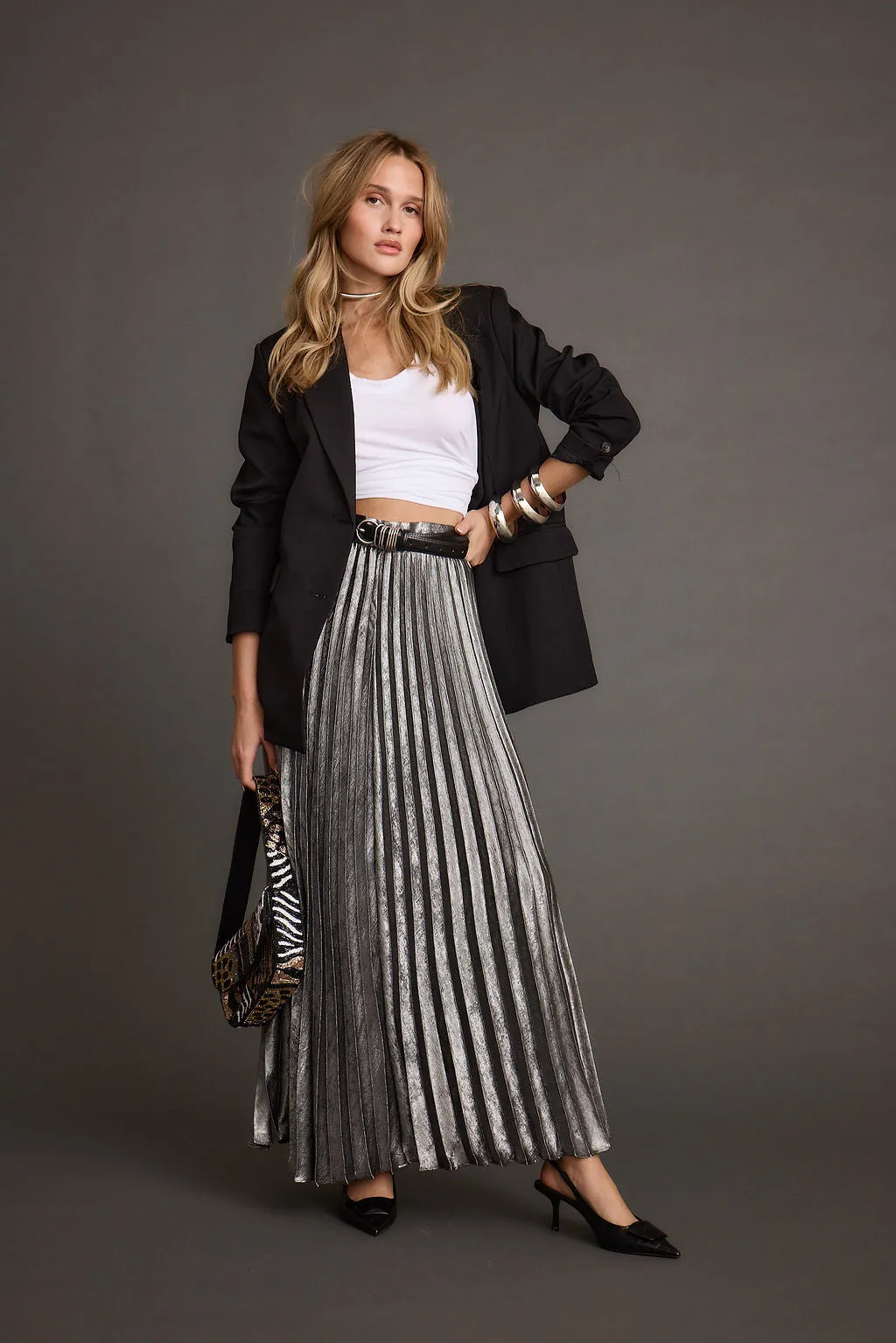 Bold Accent Tiered Layers Electric Love Gunmetal Metallic Pleated Maxi Skirt