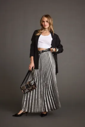 Electric Love Gunmetal Metallic Pleated Maxi Skirt lace accents
