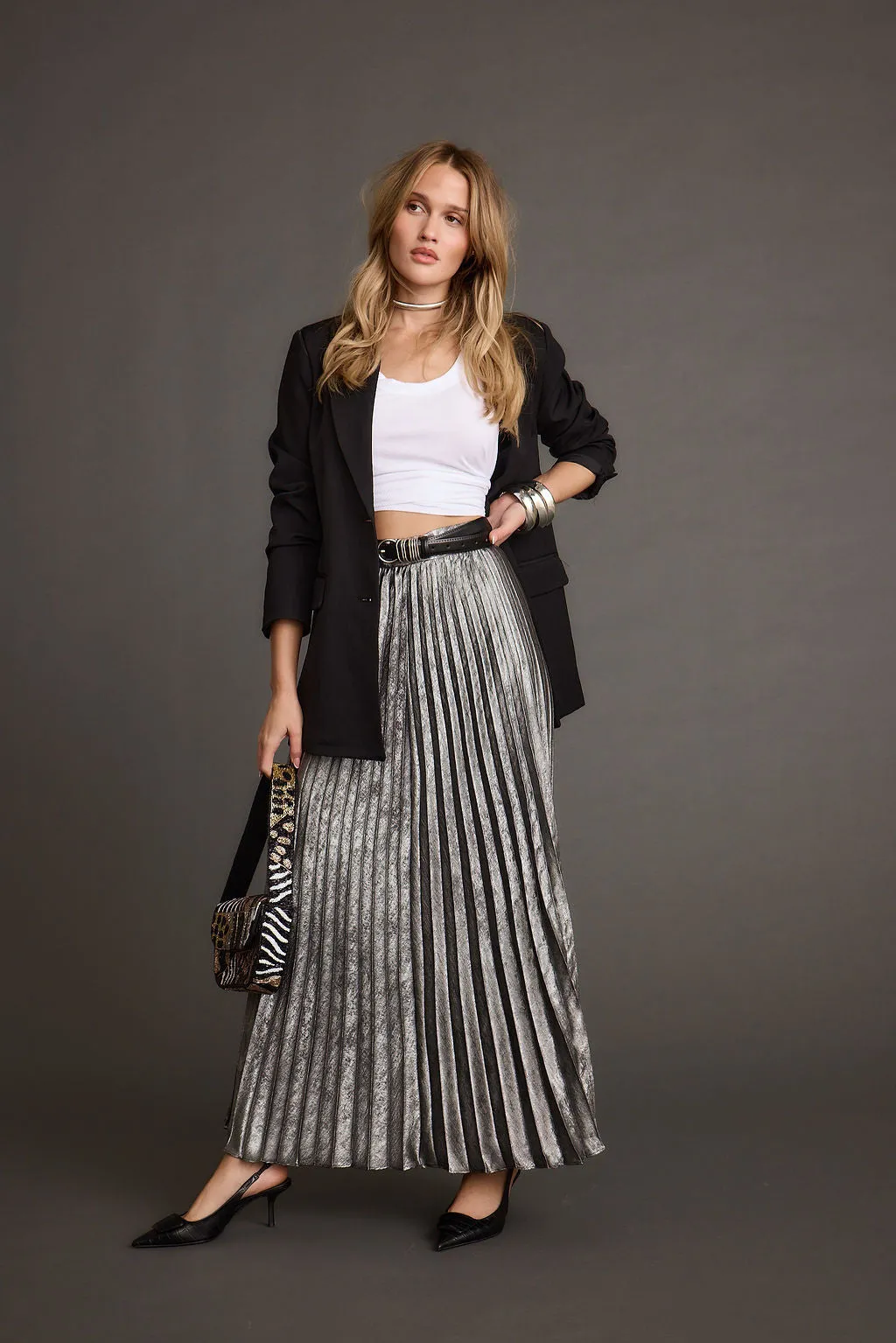 Electric Love Gunmetal Metallic Pleated Maxi Skirt raw hem Easy Style