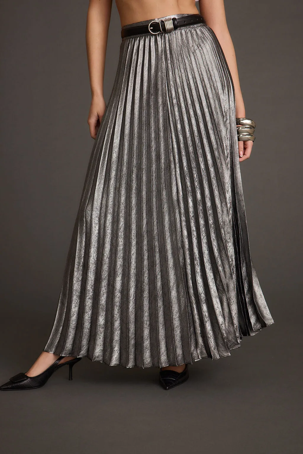 Electric Love Gunmetal Metallic Pleated Maxi Skirt Cozy Edge