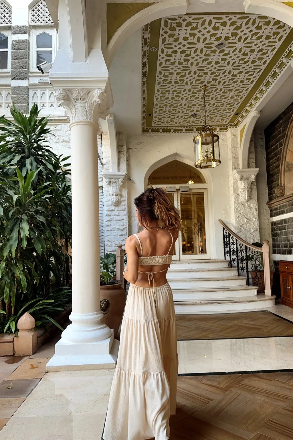 Paola Beige Boho Maxi Dress Refined Mood Garden Scene