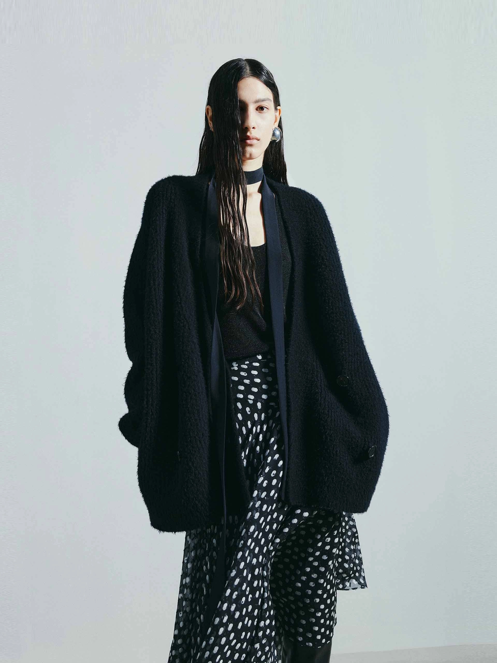 Wool Blend Mid Knit Cardigan Dimensional Stability Elastic hem