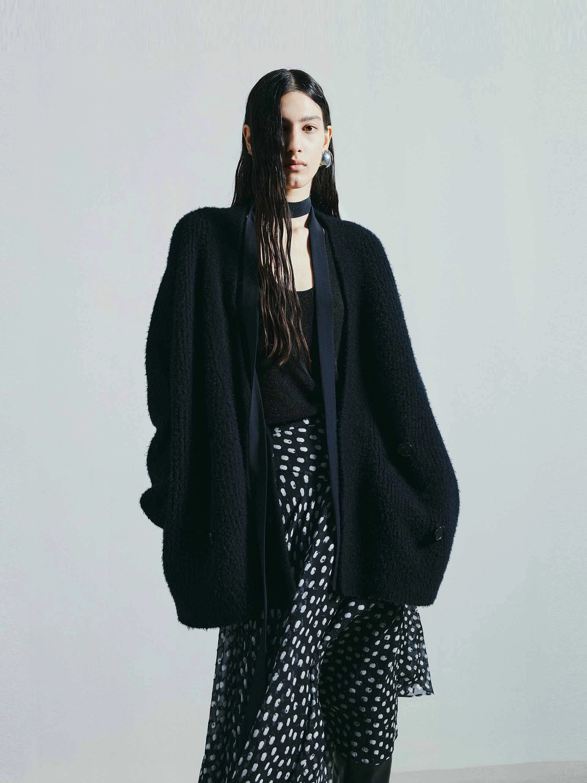 Soft Piece Ribbed Knit Wool Blend Mid Knit Cardigan