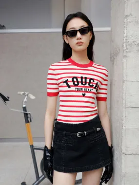 Embroidered Logo Striped Top Knitted Warmth Non Restrictive Fit