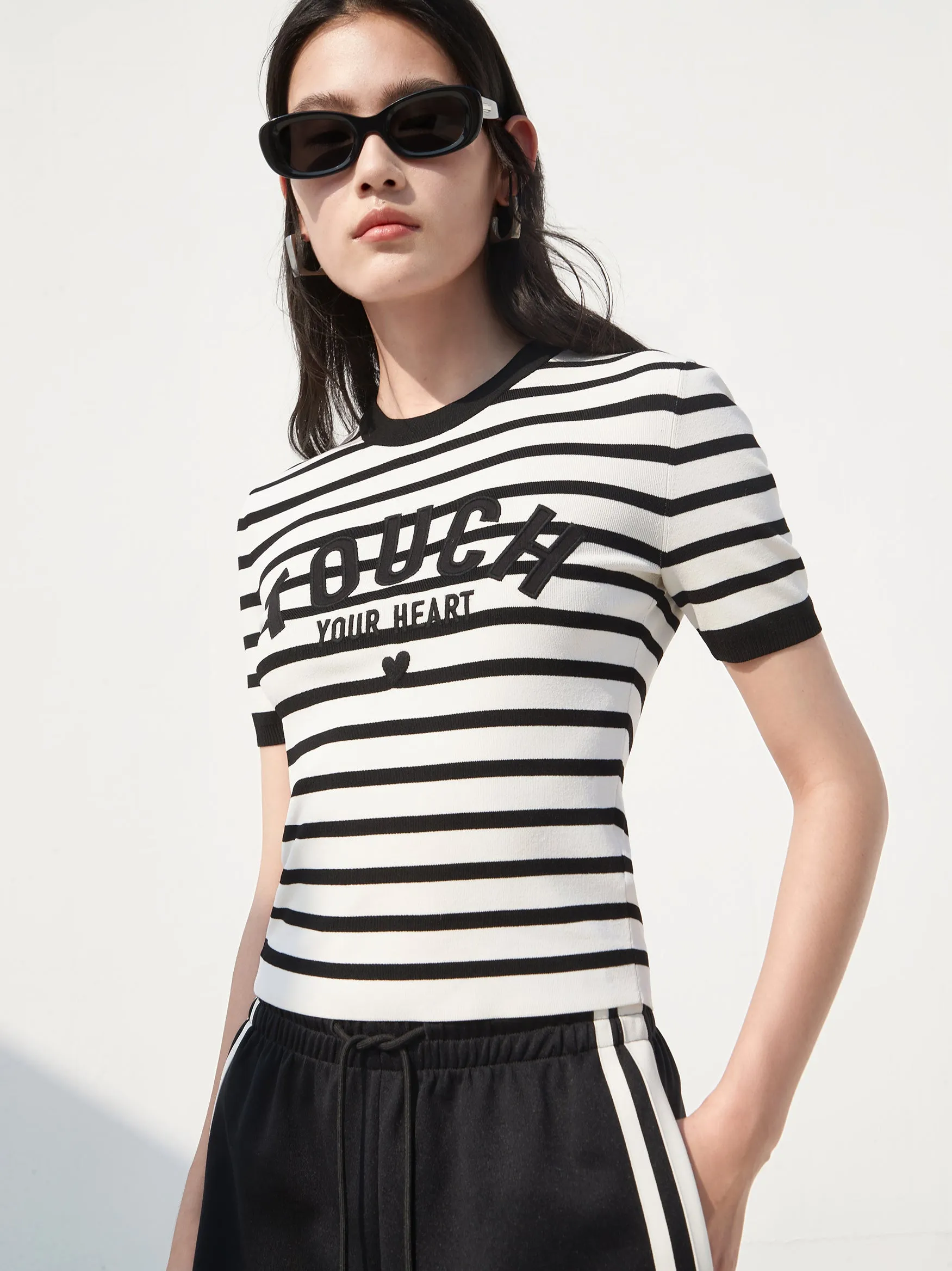 Embroidered Logo Striped Top Sleek Comfort Wear