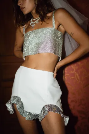 Trendy Mood Encore White Sequin Ruffle Micro Mini Skirt
