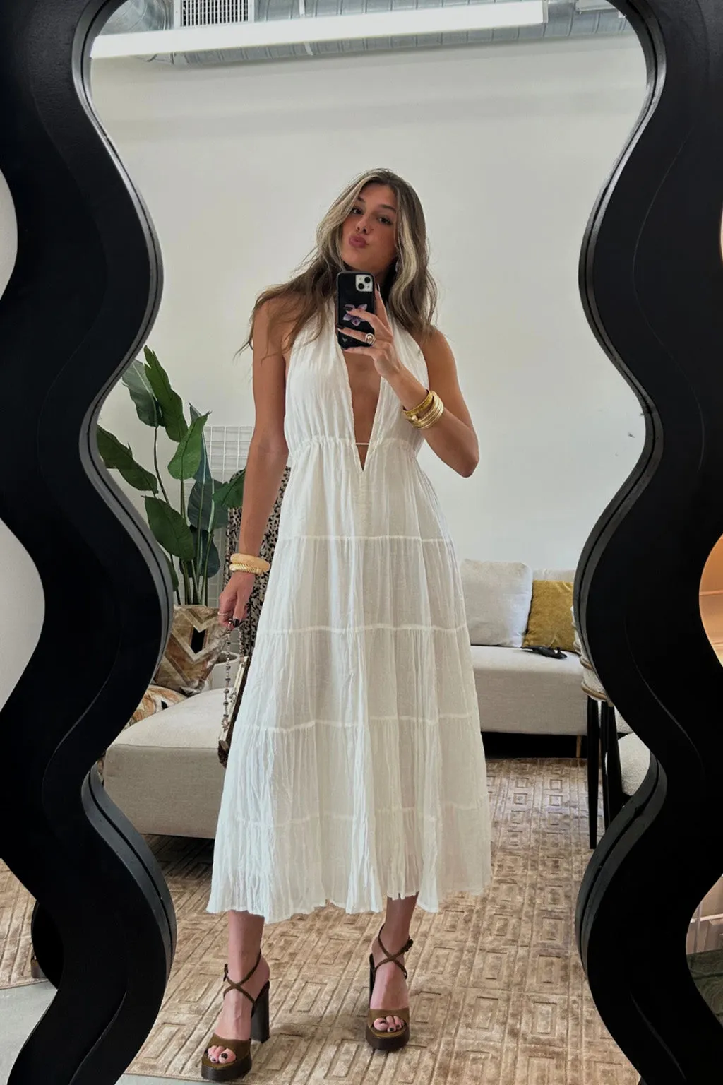 Lounge Base Soft Pleats Esperanza White Halter Linen Maxi Dress