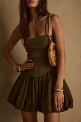 Subtle Texture Eternal Olive Bubble Hem Mini Dress