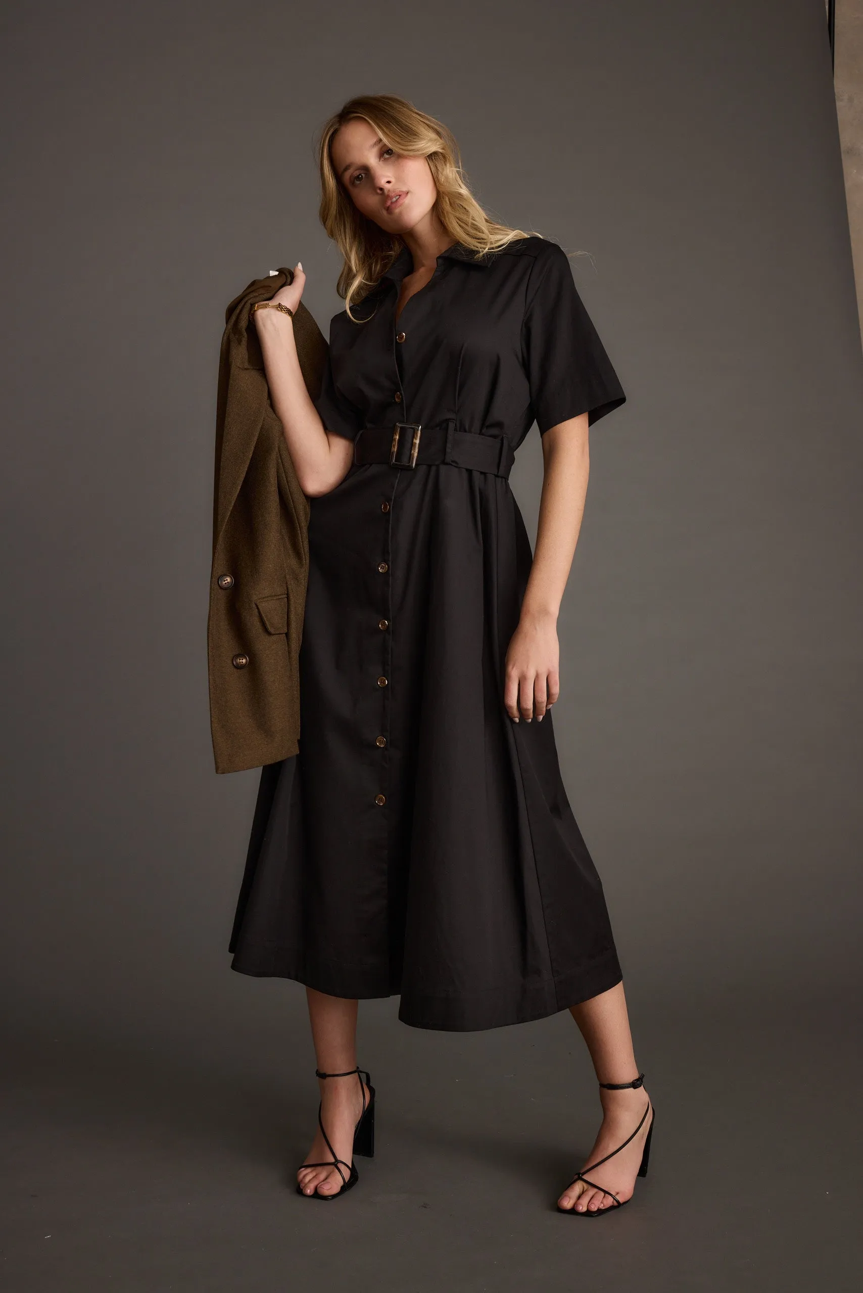 Seasonal Layer Perfect Comfort Wear Leena Black Button Front Belted Midi Dress