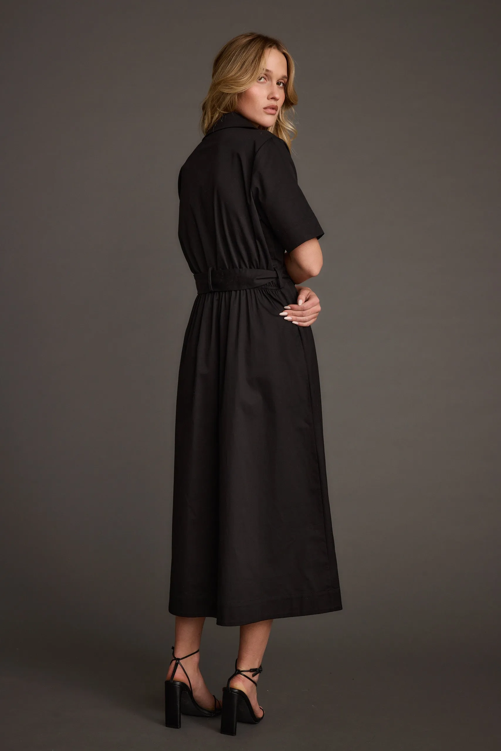 Flowing Design Leena Black Button Front Belted Midi Dress