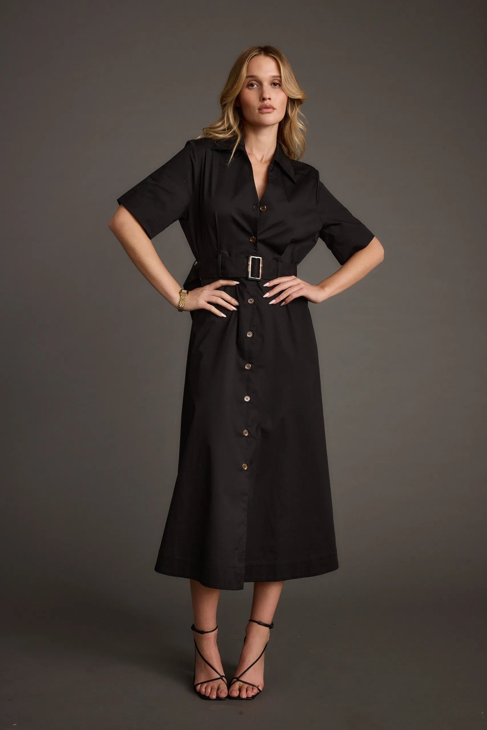 Leena Black Button Front Belted Midi Dress Fresh Style Capsule-Wardrobe