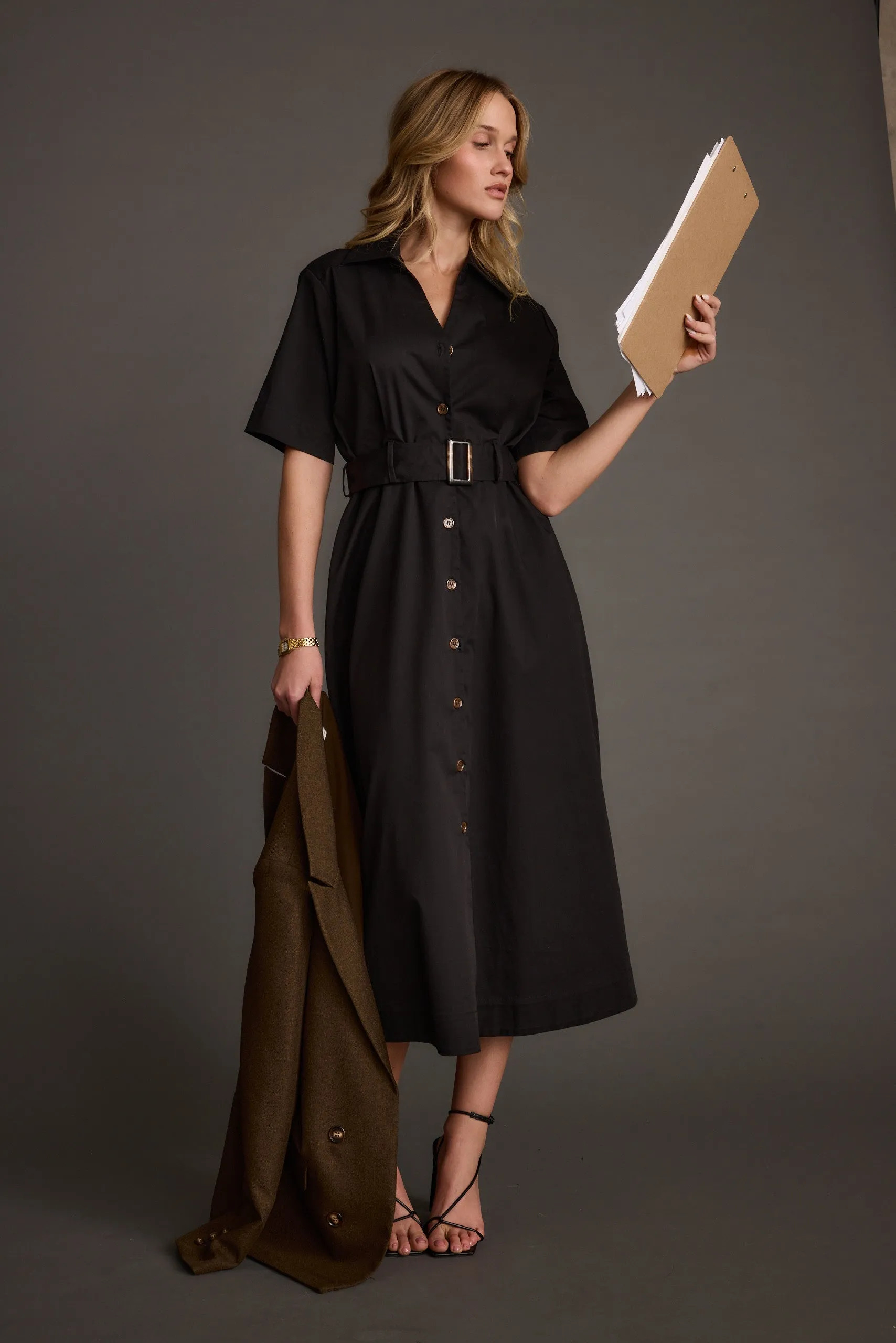 Sophisticated Wear ConvertibleNeckline Leena Black Button Front Belted Midi Dress