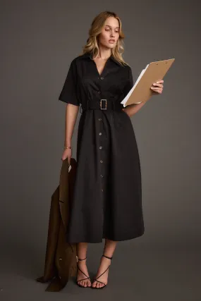 Satin Finish Sleek Presence Leena Black Button Front Belted Midi Dress