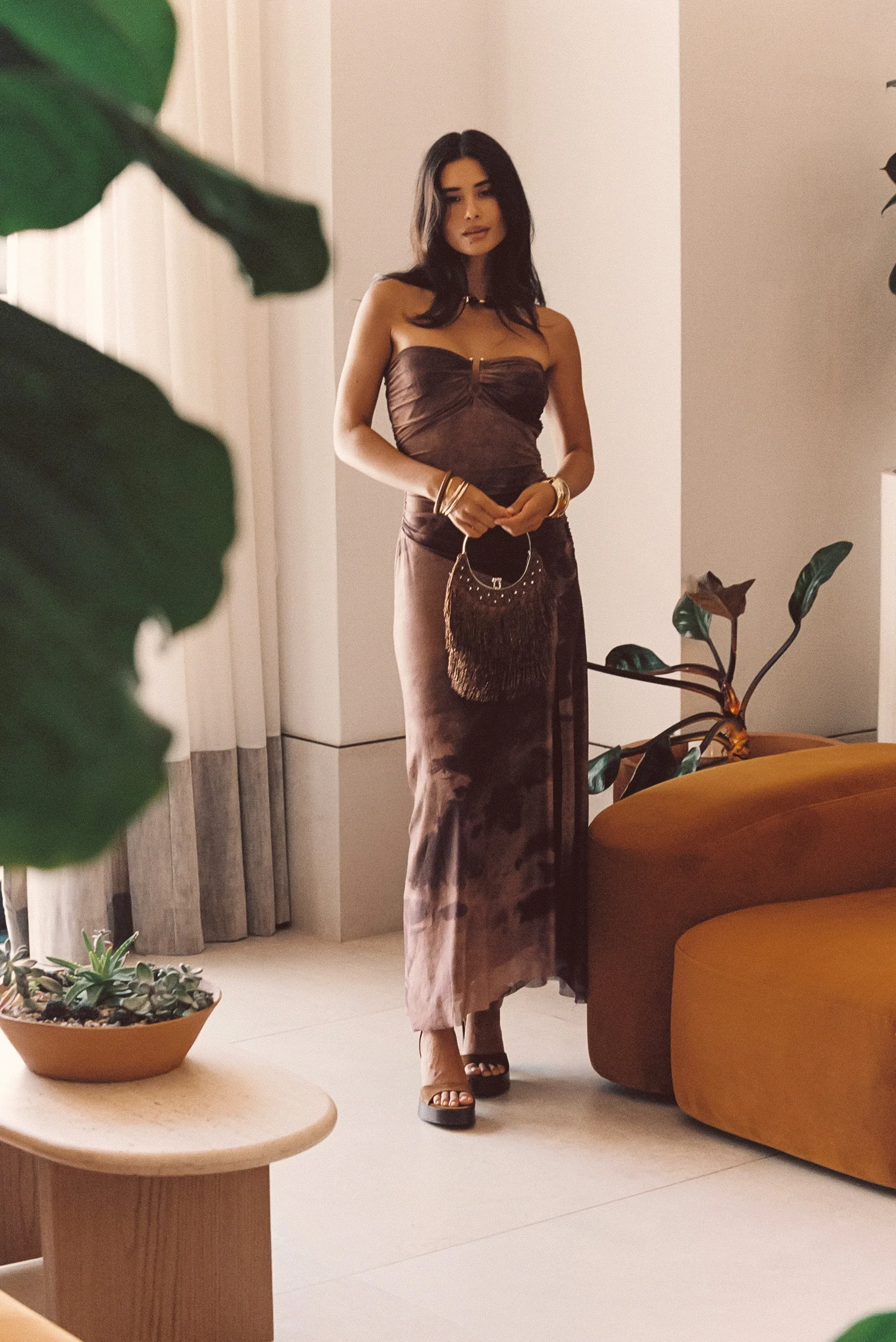 Everly Mocha Mesh Midi Dress Gemstone-Detail