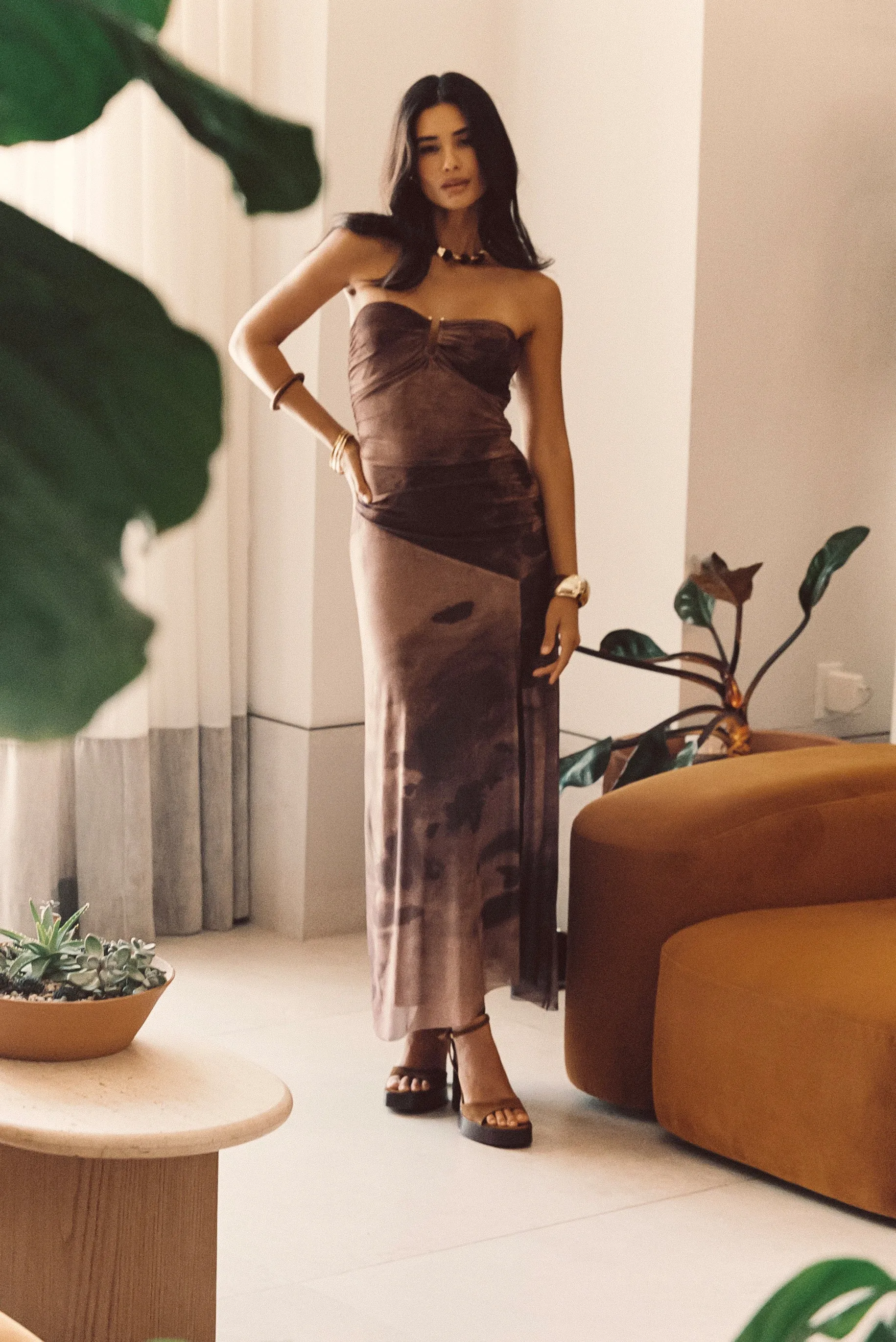 Everly Mocha Mesh Midi Dress Fitted Look Subtle Drape