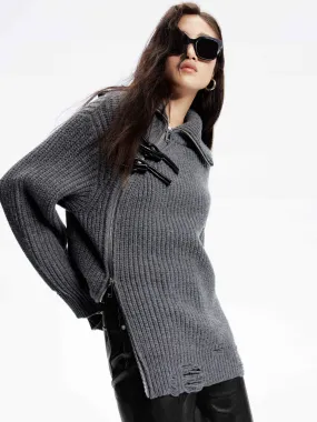 Slanted Placket Distressed Sweater Reinforced Cuffs Everyday Comfort Wear