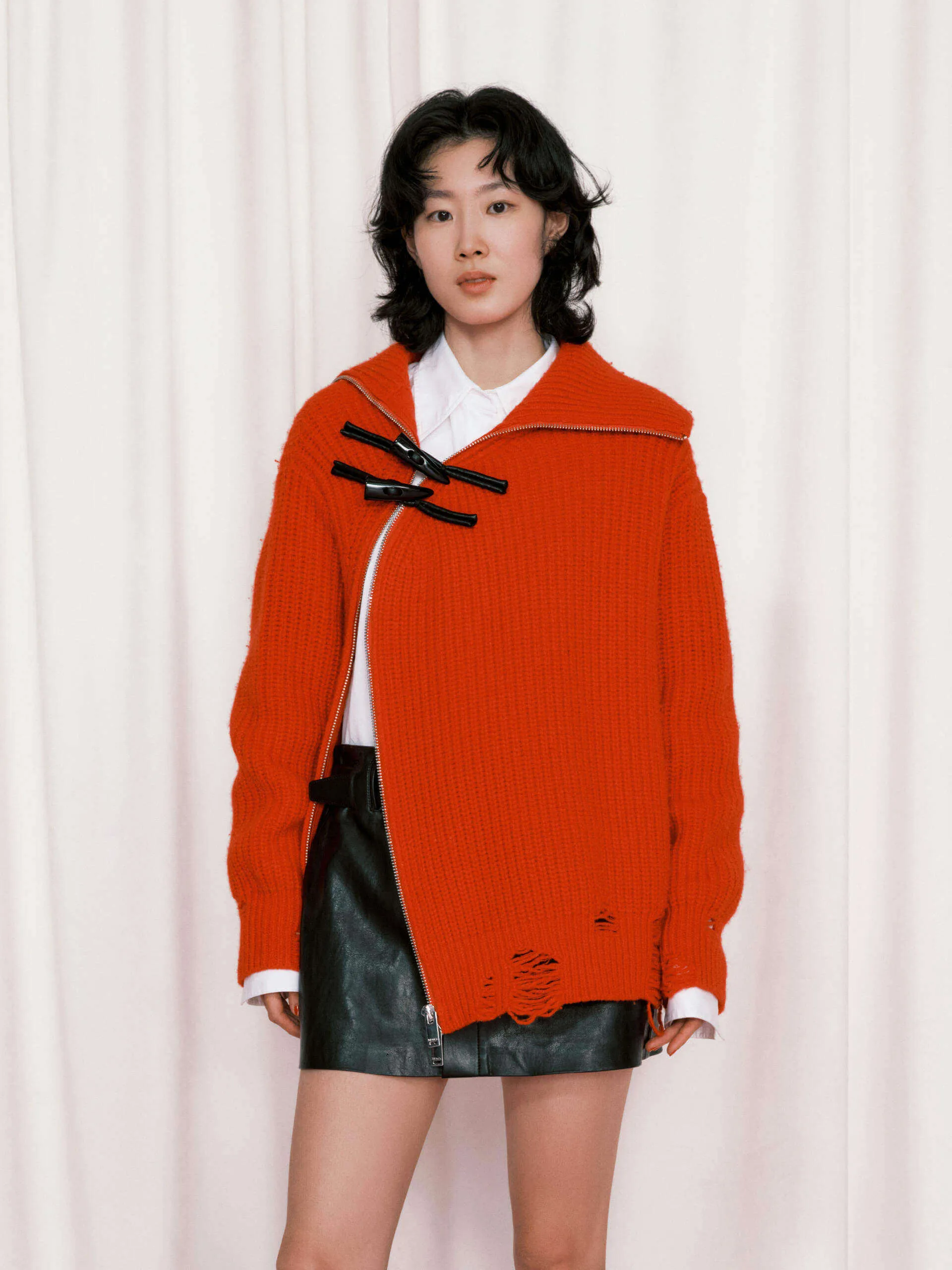 Slanted Placket Distressed Sweater Stylish Everyday Wear Reversible design