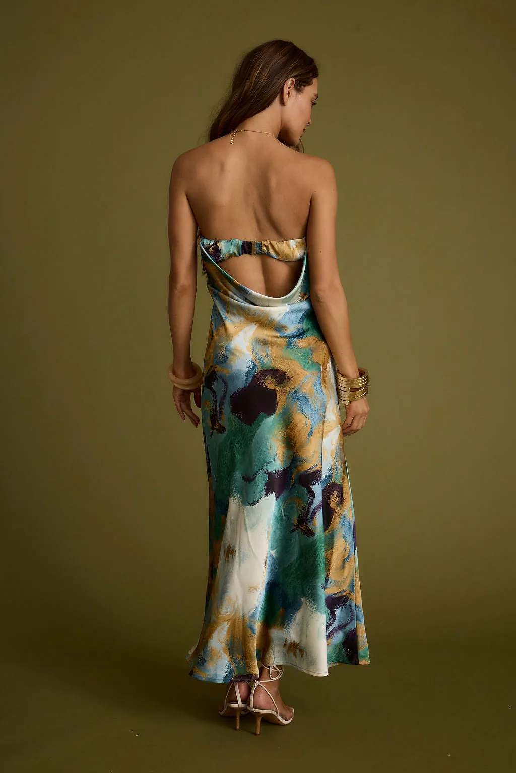 Urban Ready Natalia Blue and Gold Watercolor Strapless Maxi Dress