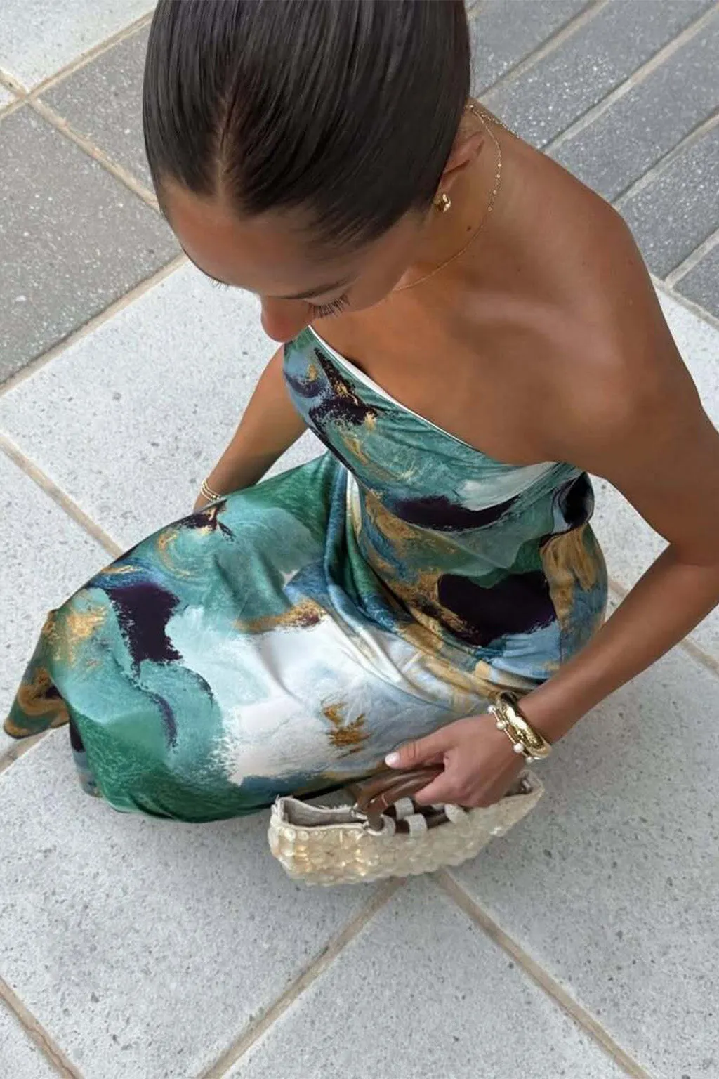 Modern Wear Natalia Blue and Gold Watercolor Strapless Maxi Dress