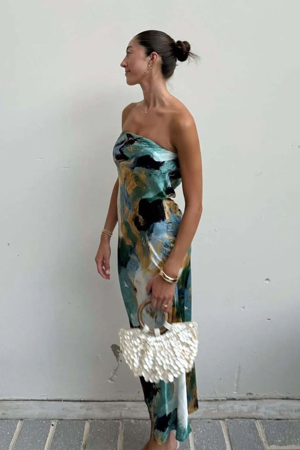 Work Chic Sleek Tone Natalia Blue and Gold Watercolor Strapless Maxi Dress