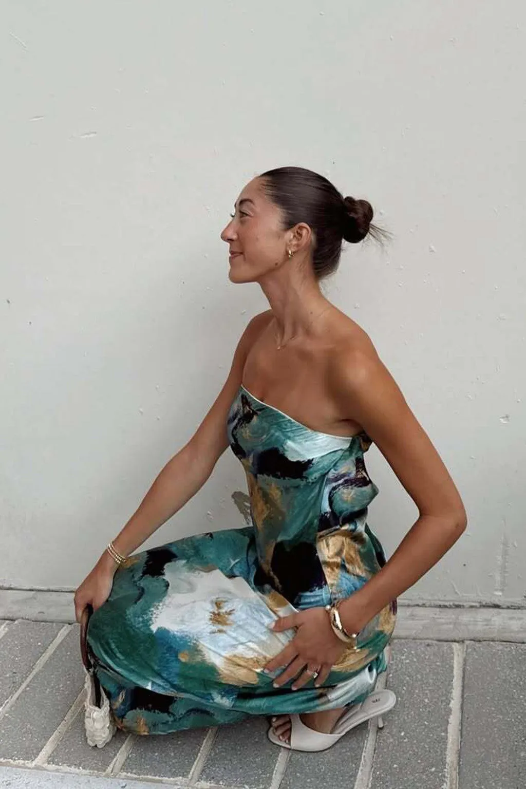 Charming Comfort Natalia Blue and Gold Watercolor Strapless Maxi Dress