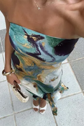 Minimal Design Seamless Finish Natalia Blue and Gold Watercolor Strapless Maxi Dress
