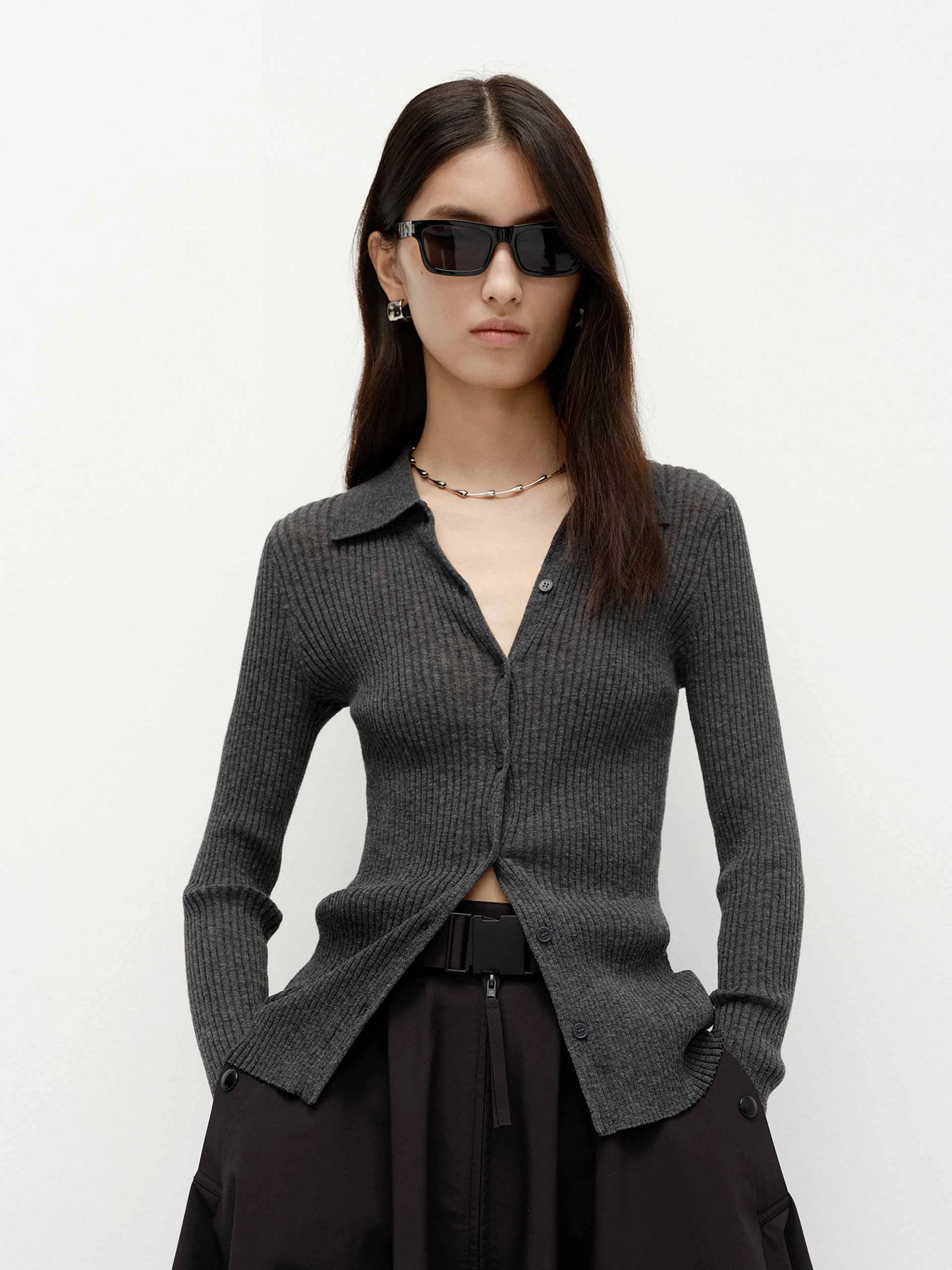 Fall Favorites Interlock Knit Body Polo Collar Knit Cardigan